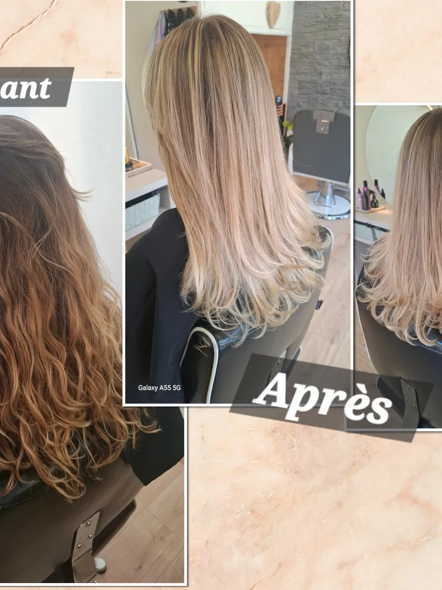 Avant-après balayage blond sur cheveux longs, salon En tête à tête à Hyères